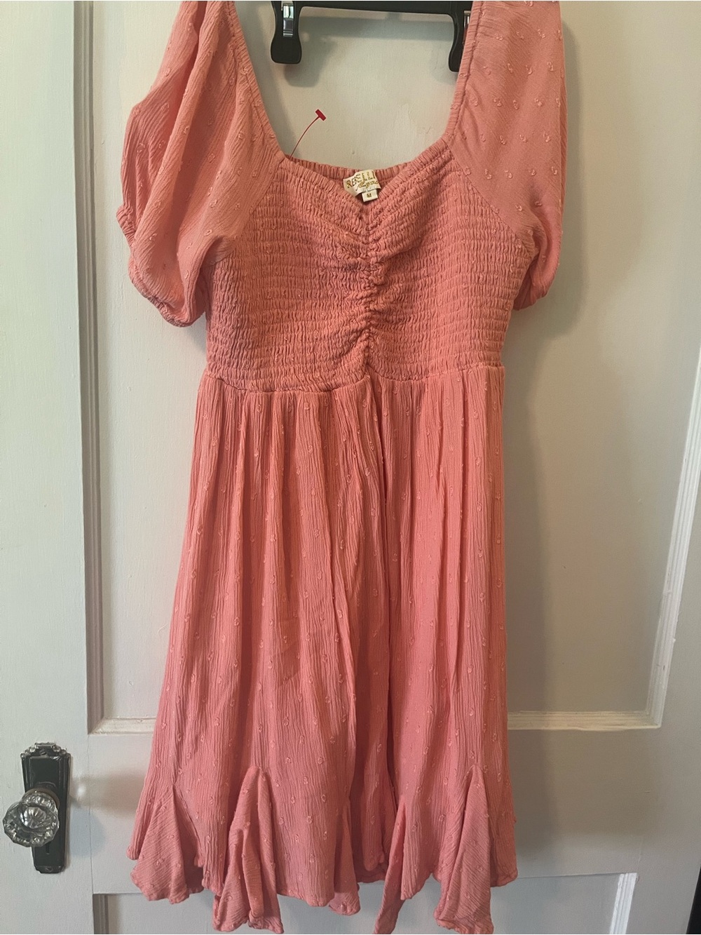 Smocked Puff Sleeve Midi Dress in Coral Pink